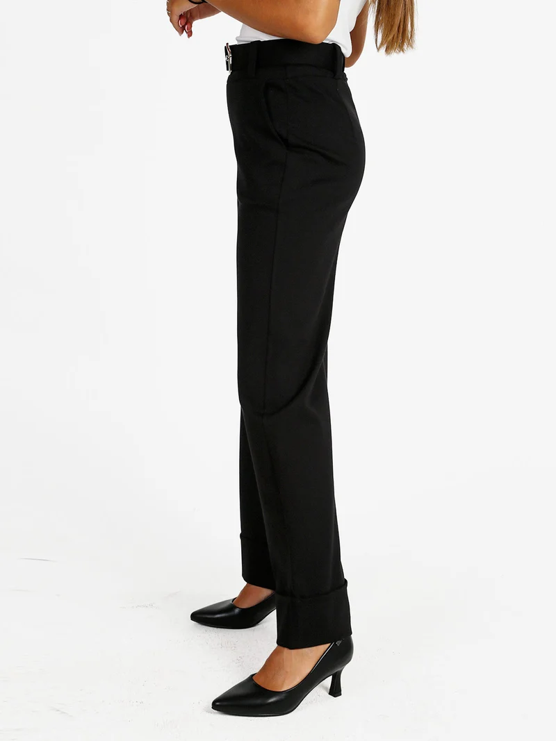 Pantaloni donna a vita alta con cintura - nero