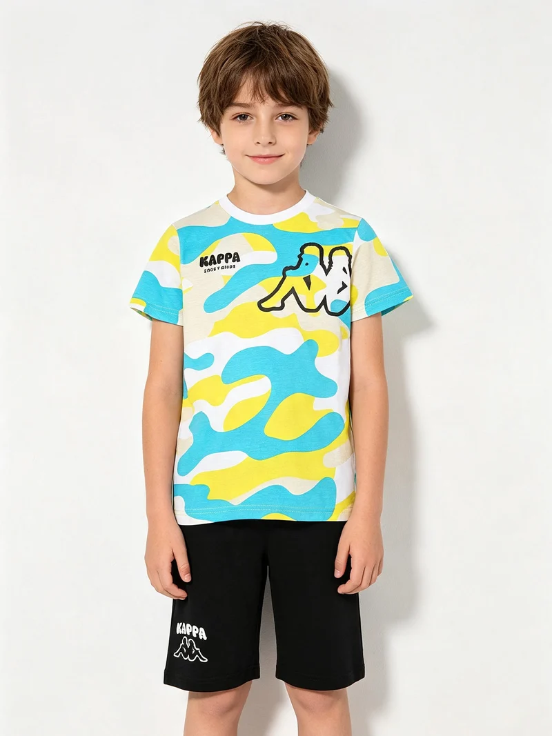 Completo corto 2 pezzi da bambino con t-shirt mimetica e bermuda - bianco