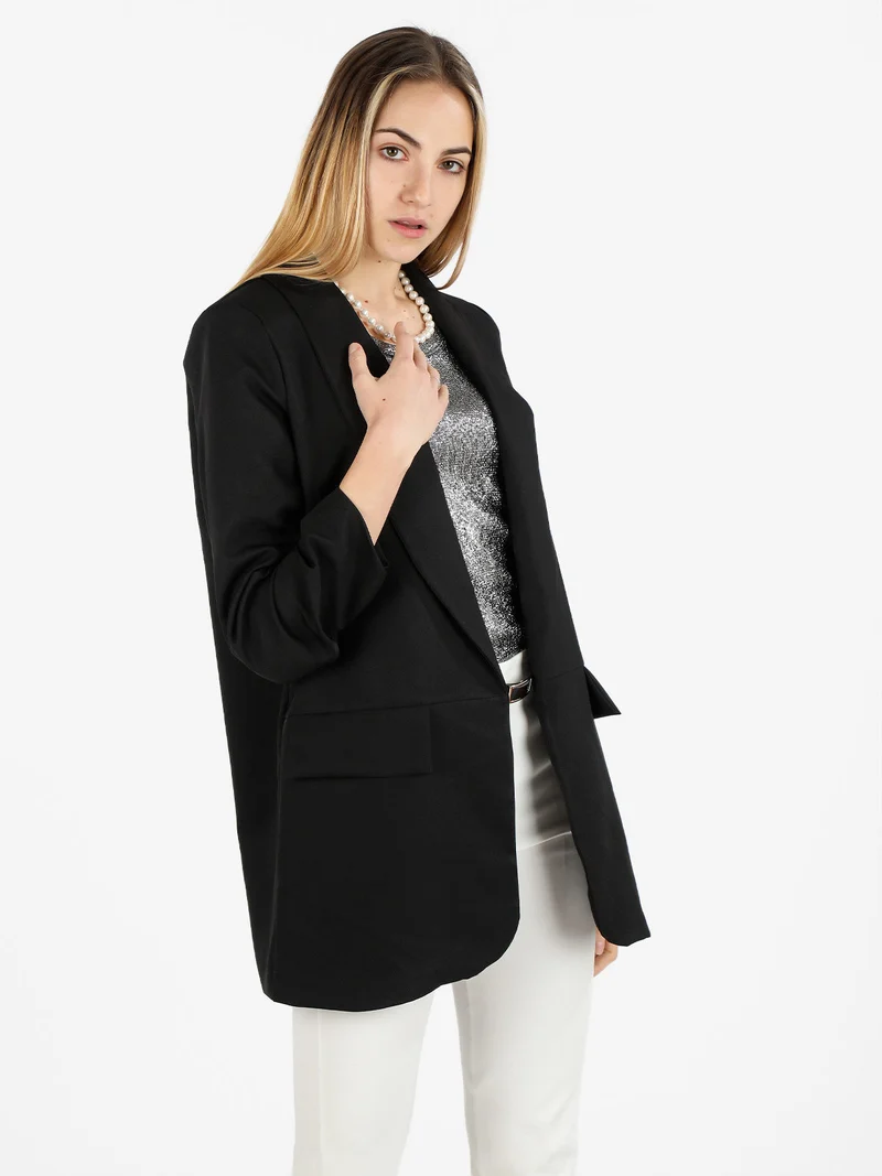 Blazer donna aperto con maniche arricciate - nero