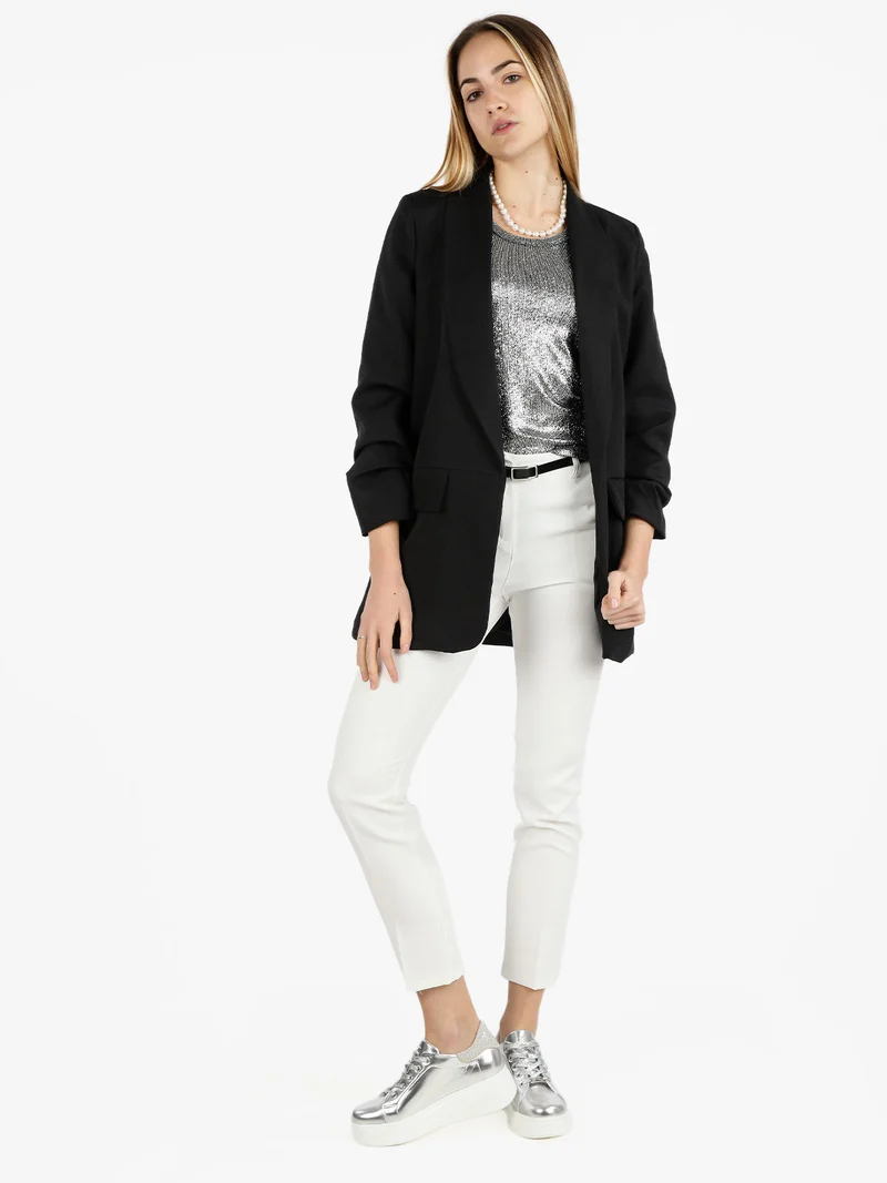 Blazer donna aperto con maniche arricciate - nero