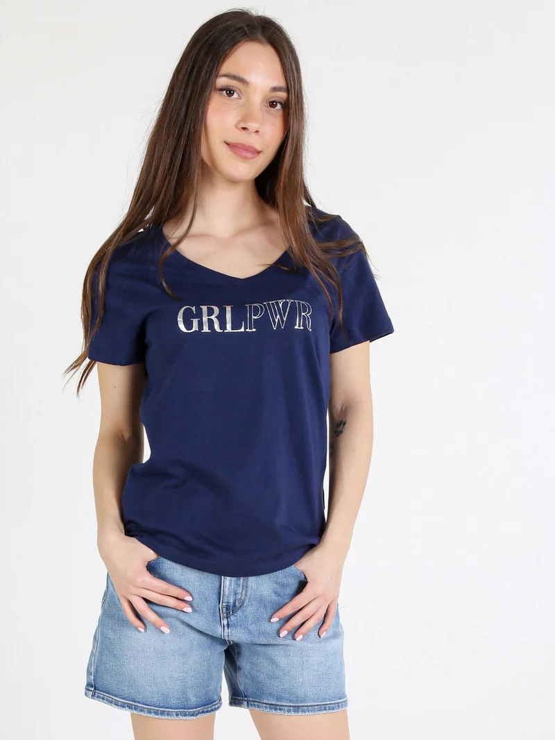T-shirt donna in cotone con scollo a V e stampa scritta - blu scuro