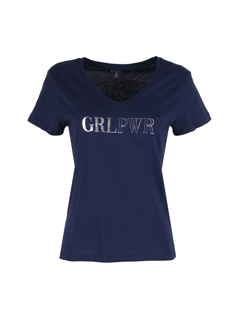 T-shirt donna in cotone con scollo a V e stampa scritta - blu scuro