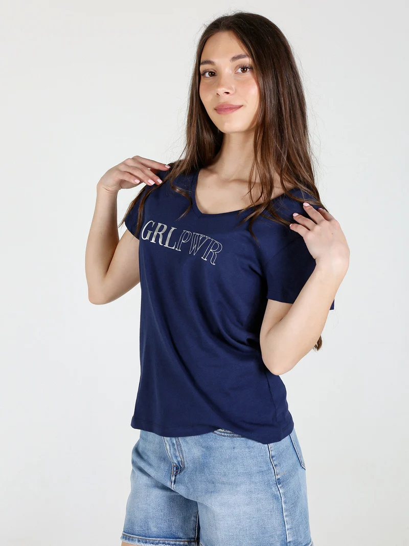T-shirt donna in cotone con scollo a V e stampa scritta - blu scuro