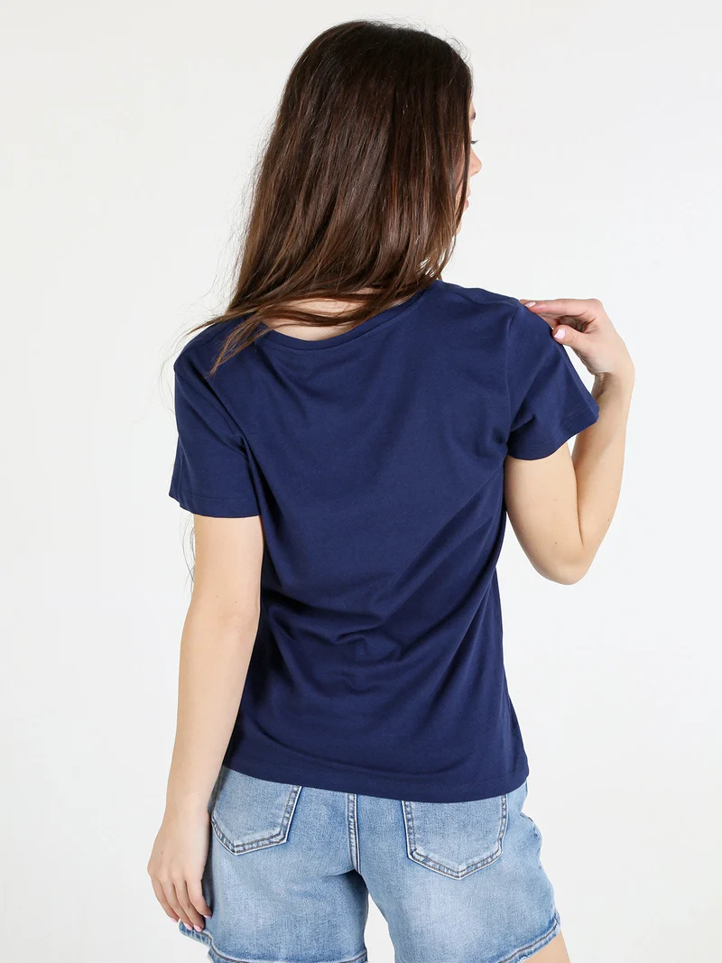 T-shirt donna in cotone con scollo a V e stampa scritta - blu scuro