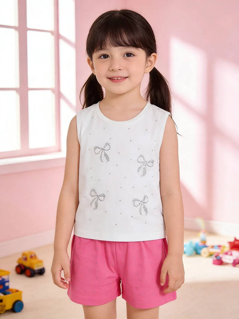 Completo corto da bambina 2 pezzi top e shorts con micro borchie - fucsia