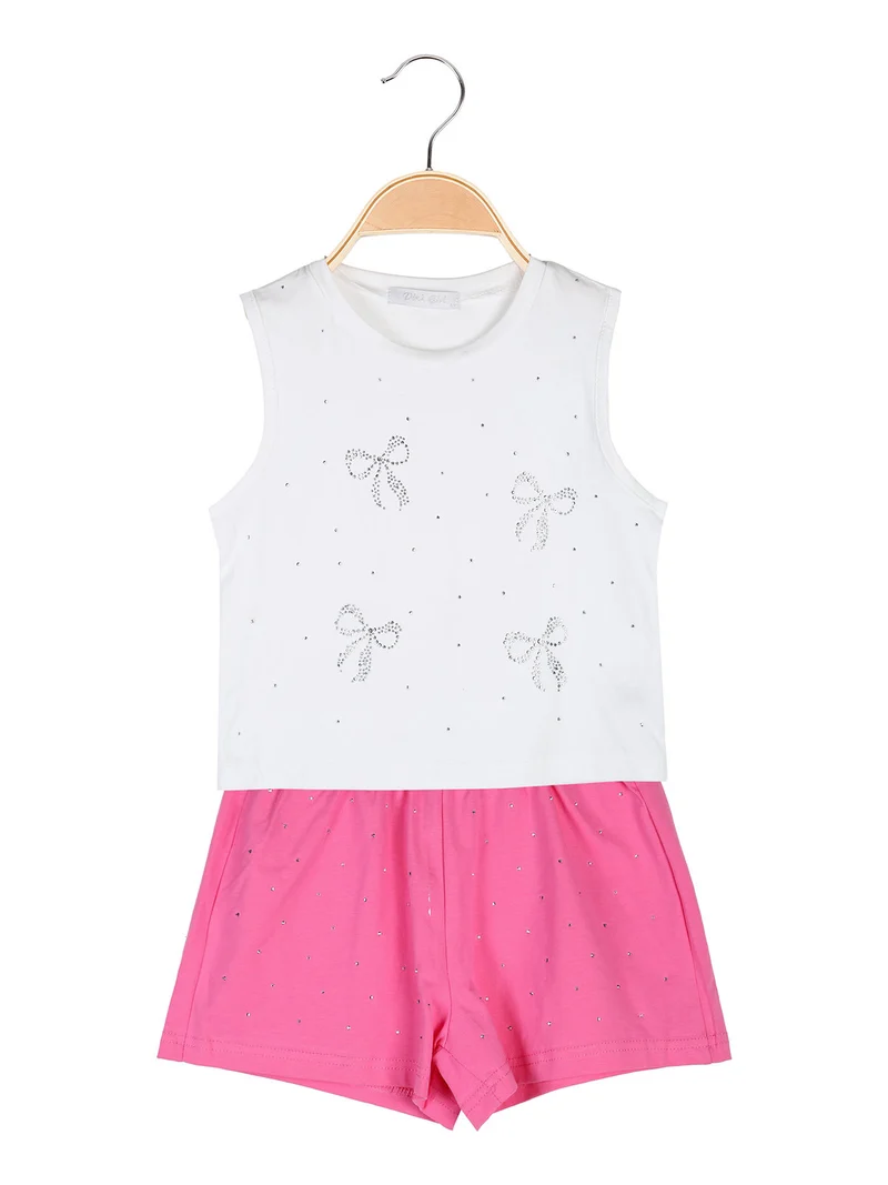 Completo corto da bambina 2 pezzi top e shorts con micro borchie - fucsia