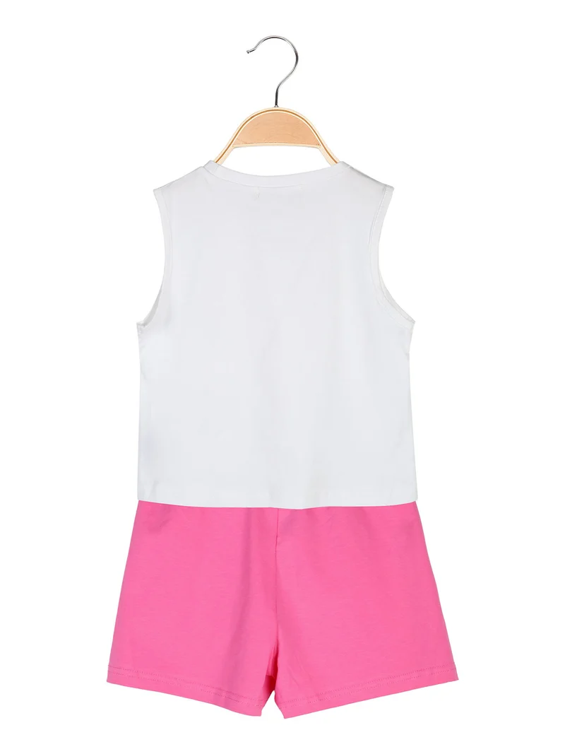 Completo corto da bambina 2 pezzi top e shorts con micro borchie - fucsia
