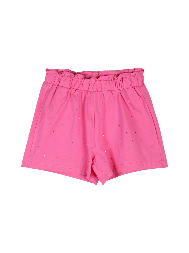 Completo corto da bambina 2 pezzi top e shorts con micro borchie - fucsia