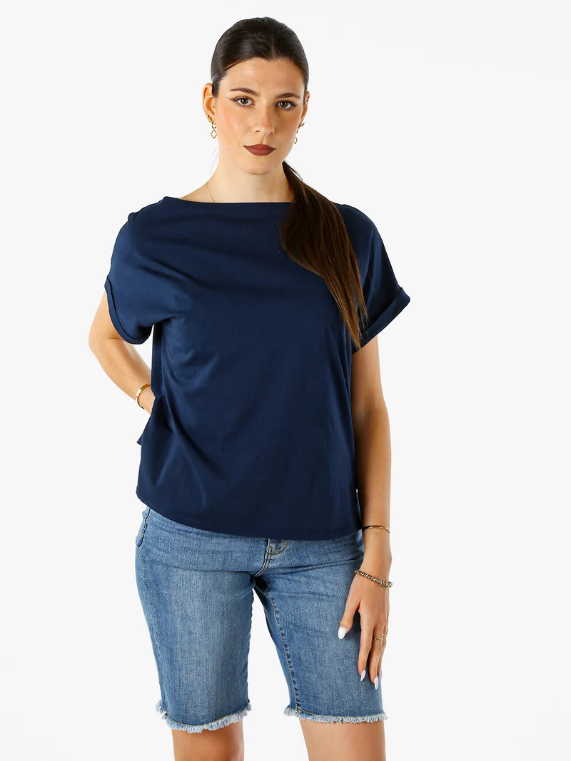 T-shirt donna in cotone con scollo a barca - blu scuro