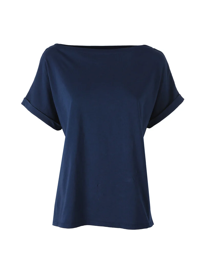 T-shirt donna in cotone con scollo a barca - blu scuro