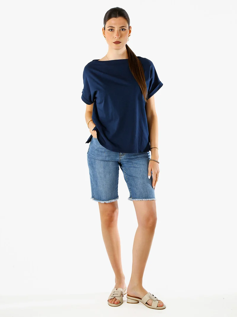 T-shirt donna in cotone con scollo a barca - blu scuro