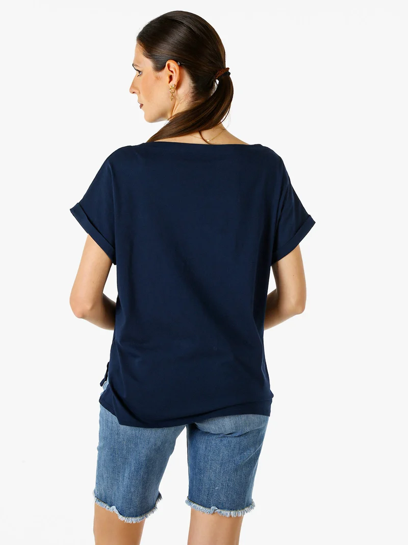 T-shirt donna in cotone con scollo a barca - blu scuro