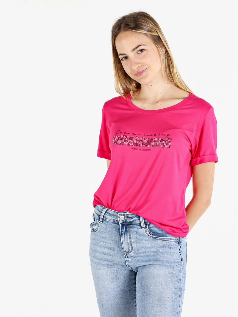 T-shirt da donna con strass - fucsia