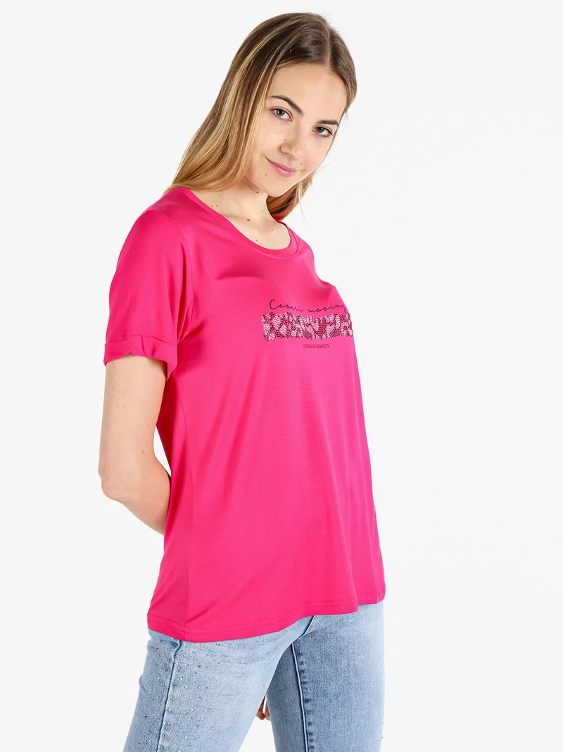 T-shirt da donna con strass - fucsia