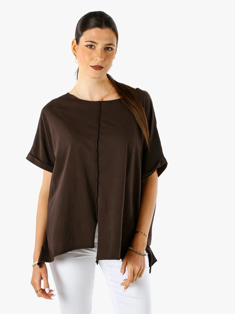 Maxi t-shirt donna in cotone con maniche risvoltate - marrone