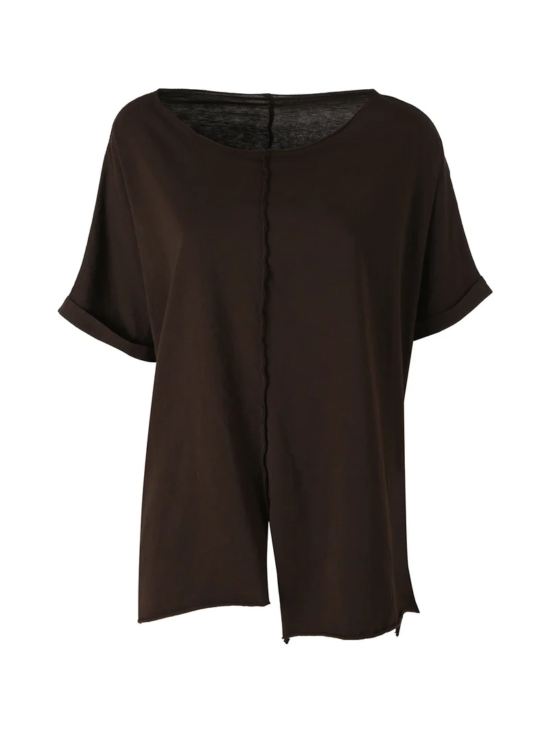 Maxi t-shirt donna in cotone con maniche risvoltate - marrone