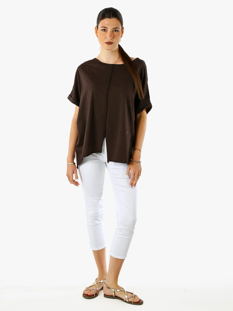 Maxi t-shirt donna in cotone con maniche risvoltate - marrone