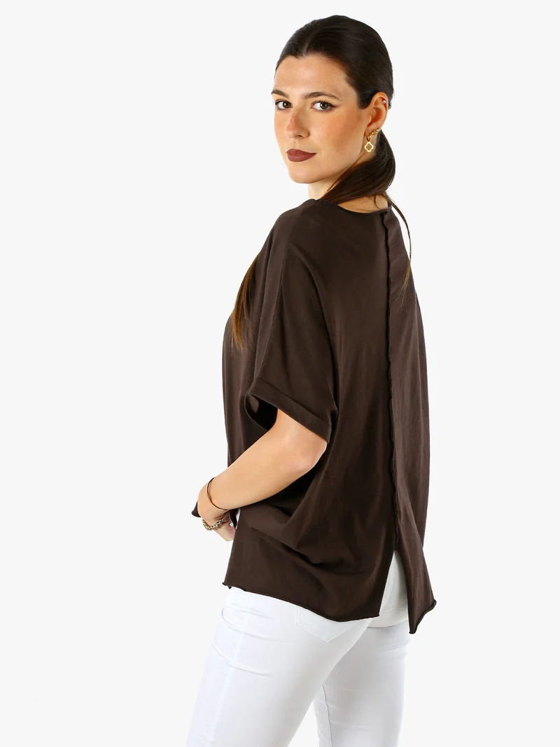 Maxi t-shirt donna in cotone con maniche risvoltate - marrone