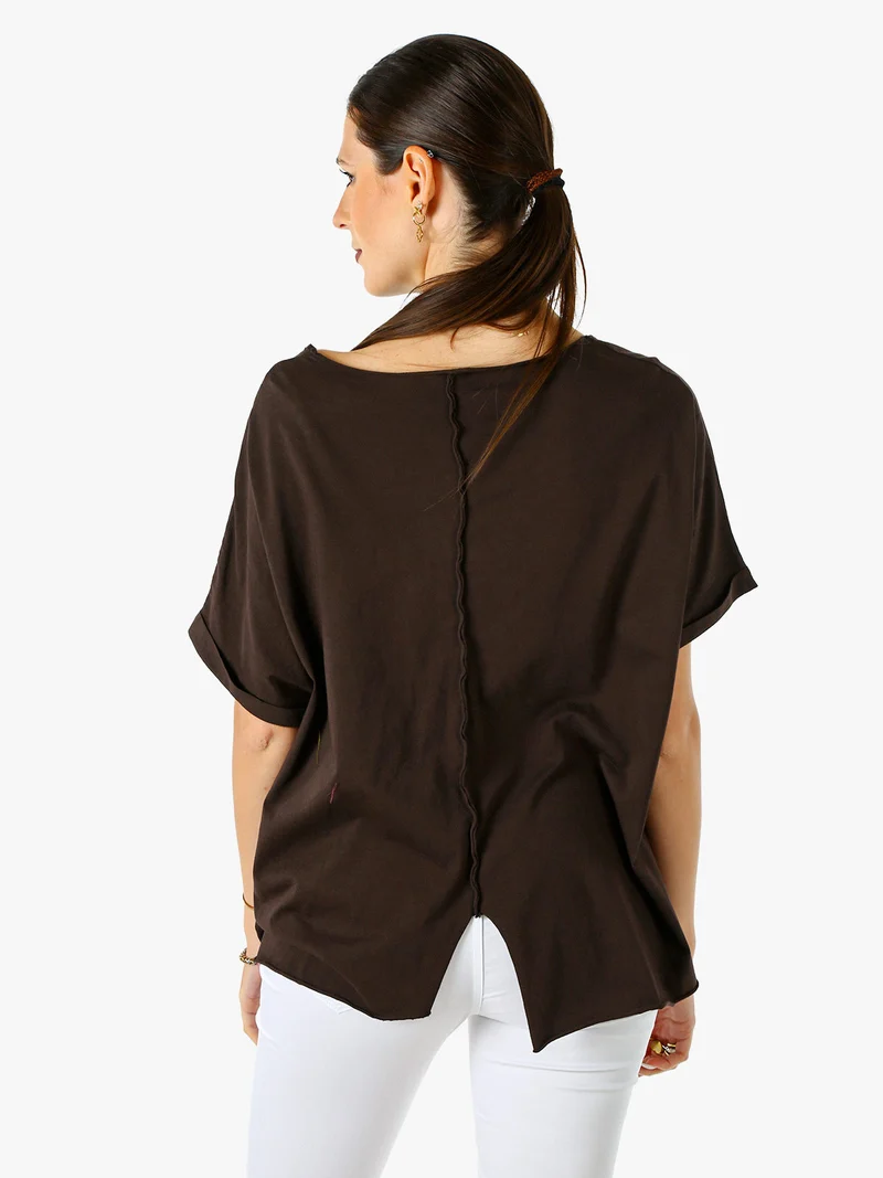 Maxi t-shirt donna in cotone con maniche risvoltate - marrone
