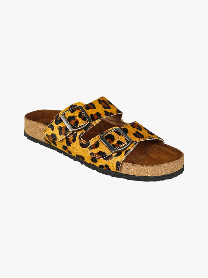 Ciabatte donna in pelle animalier con doppia fibbia - cammello