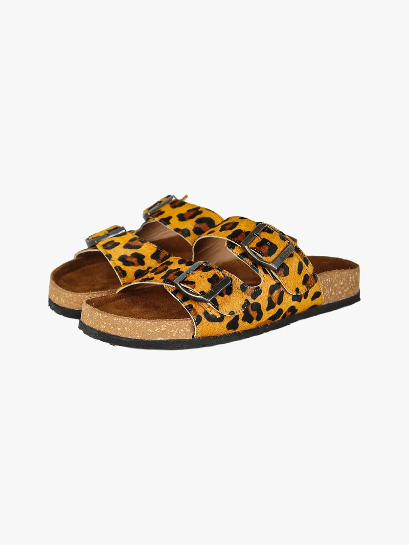 Ciabatte donna in pelle animalier con doppia fibbia - cammello