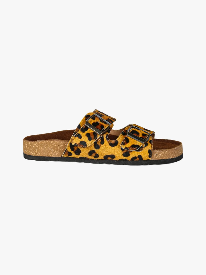 Ciabatte donna in pelle animalier con doppia fibbia - cammello