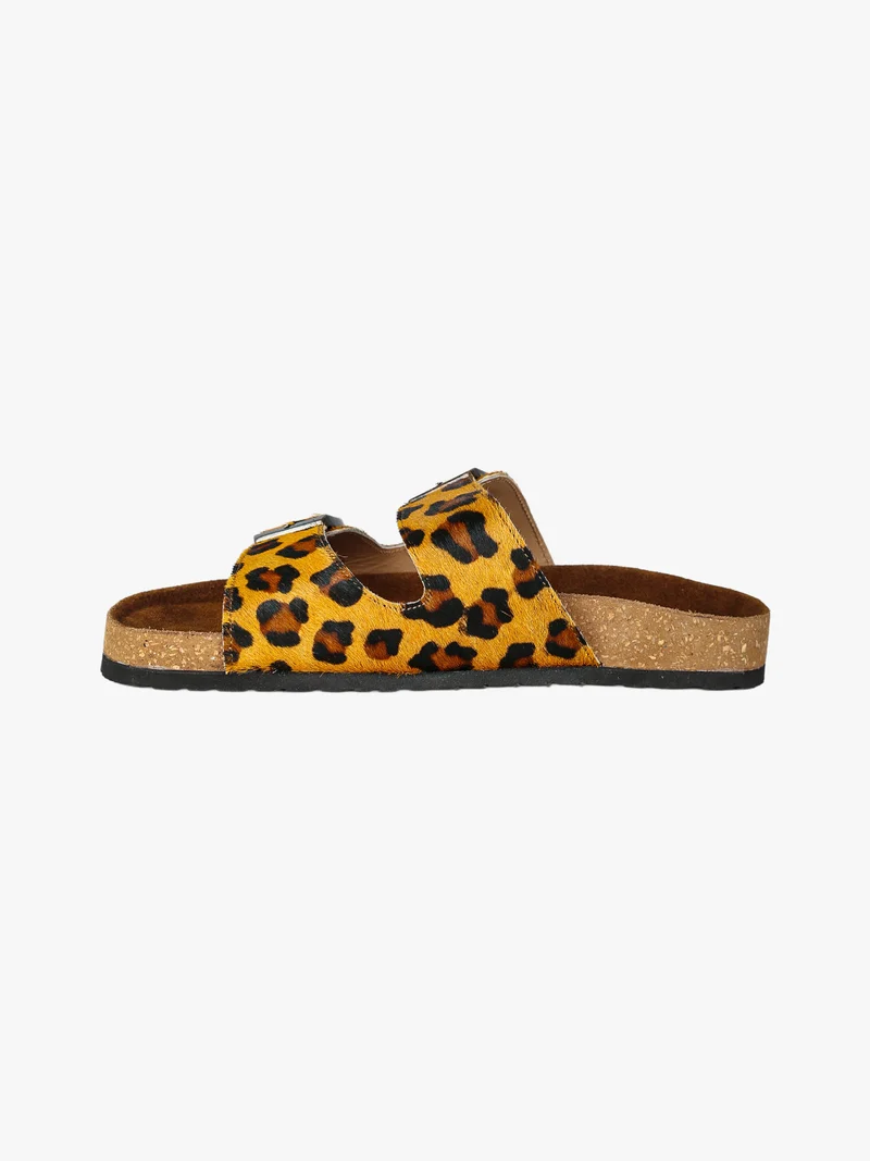 Ciabatte donna in pelle animalier con doppia fibbia - cammello