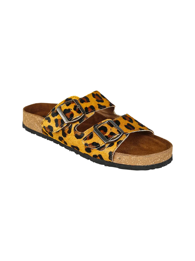 Ciabatte donna in pelle animalier con doppia fibbia - cammello