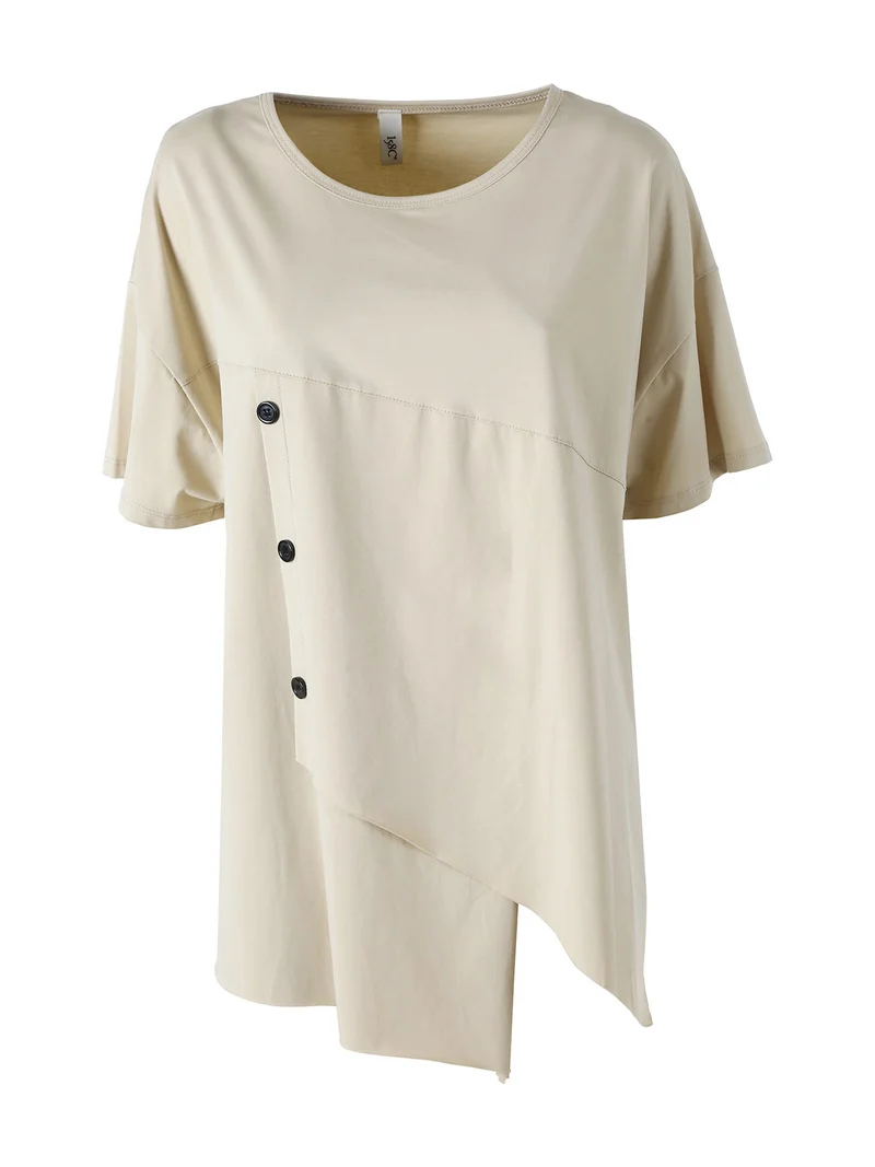 Maxi t-shirt da donna asimmetrica in cotone elasticizzato con bottoni decorativi - beige