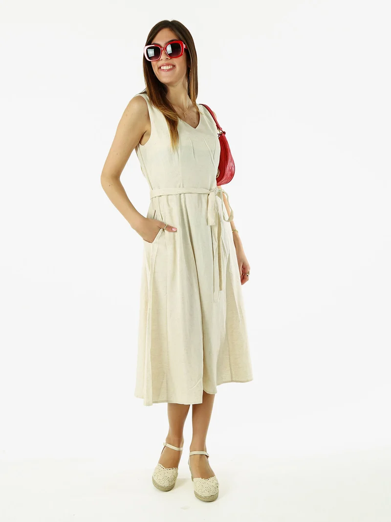 Vestito donna smanicato in misto lino con scollo a V - beige