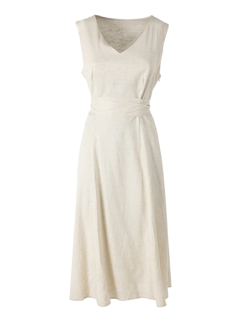 Vestito donna smanicato in misto lino con scollo a V - beige