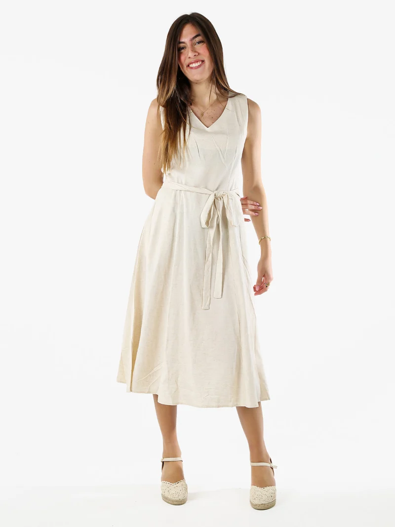 Vestito donna smanicato in misto lino con scollo a V - beige