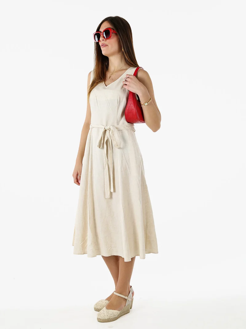 Vestito donna smanicato in misto lino con scollo a V - beige
