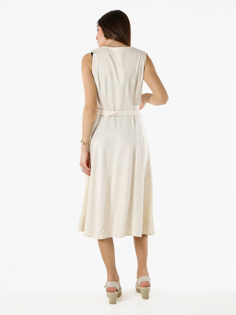 Vestito donna smanicato in misto lino con scollo a V - beige