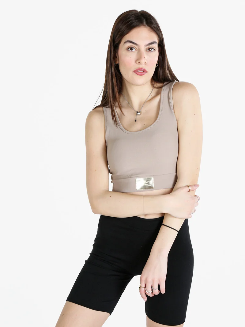 Top donna sportivo a costine con coppe imbottite - taupe