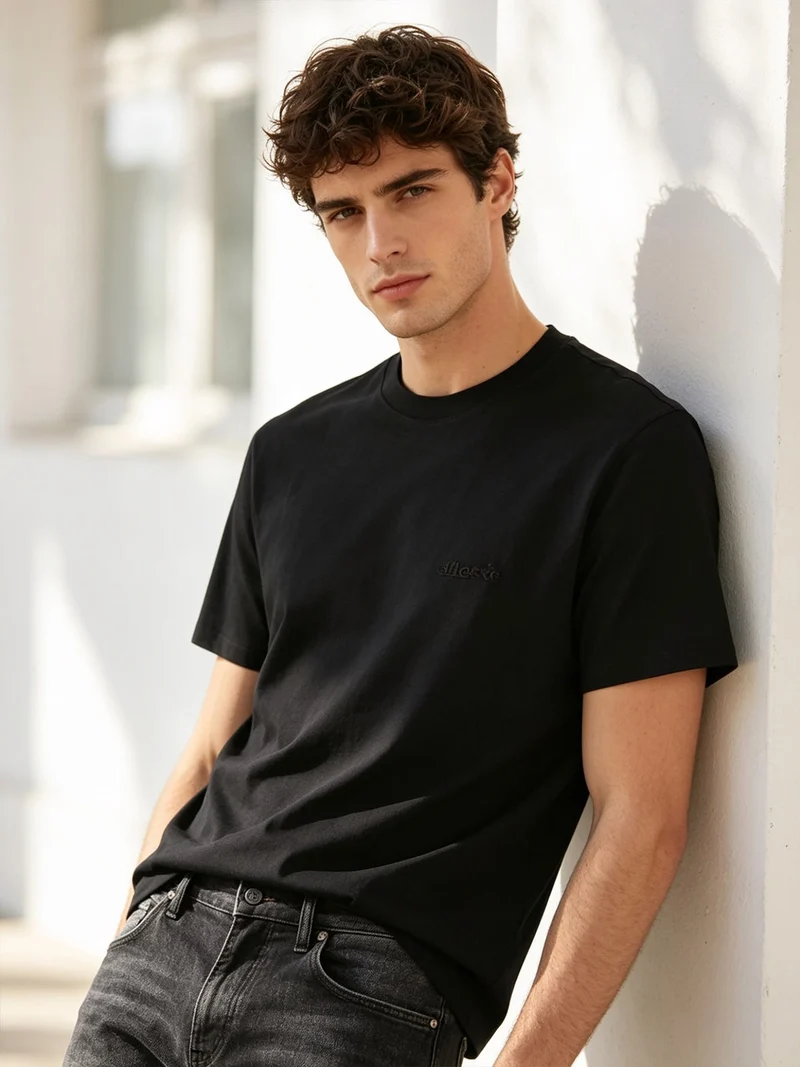 T-shirt girocollo da uomo in cotone con logo - nero