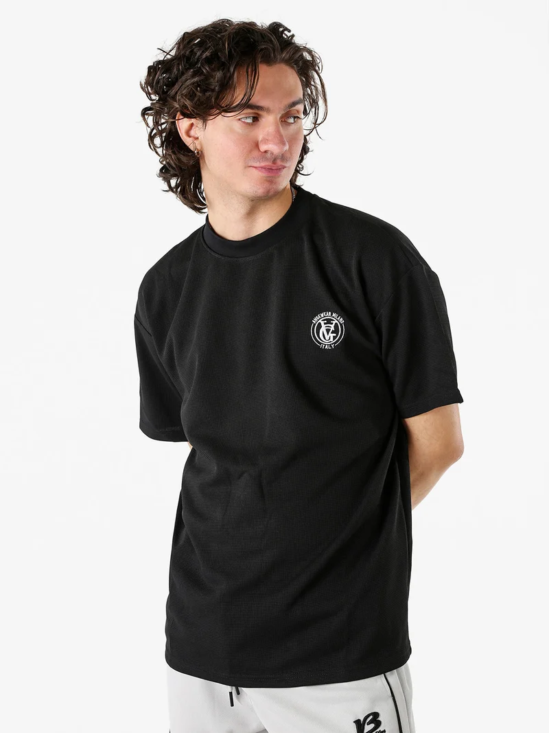 T-shirt girocollo da uomo a nido d'ape - nero