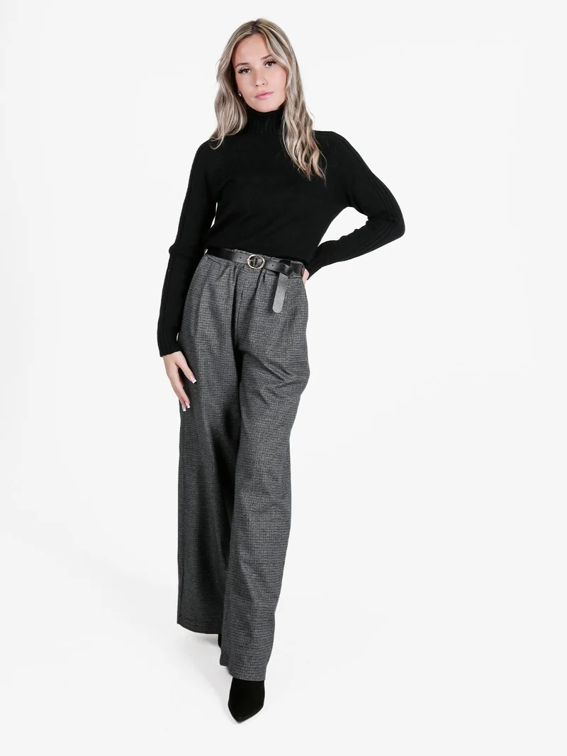 Pantaloni donna quadrettati a gamba larga - grigio scuro