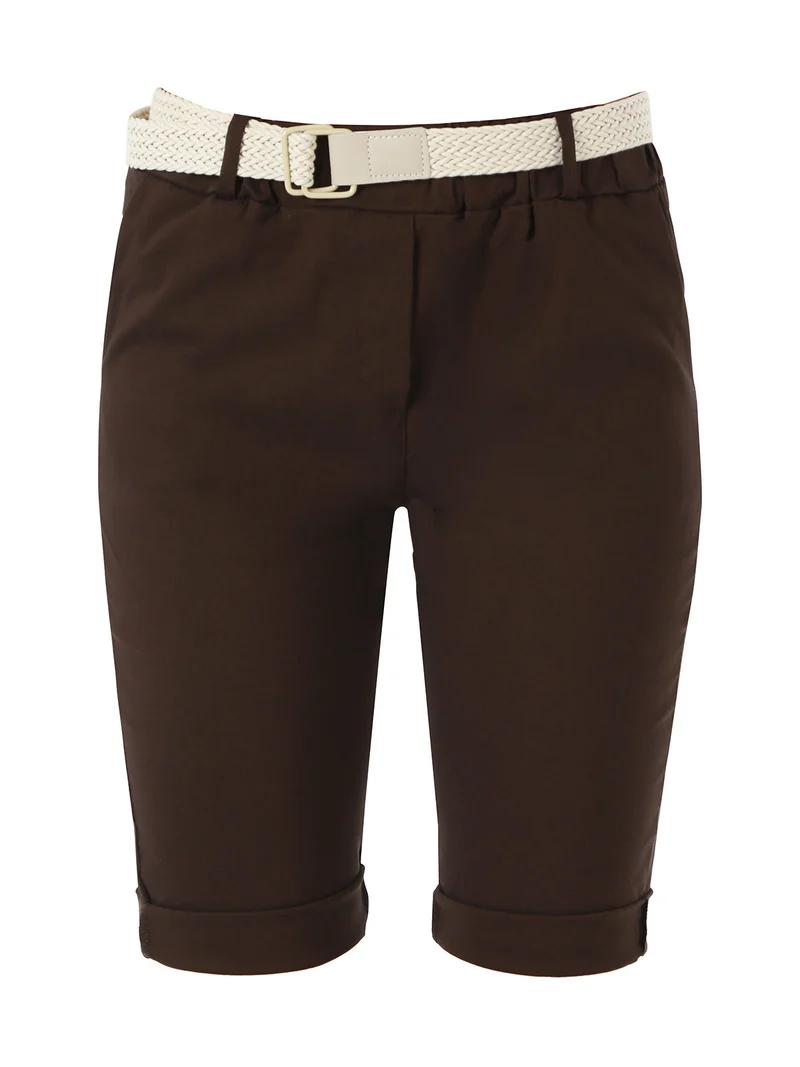 Bermuda donna in tessuto elasticizzato con cintura in corda - moro