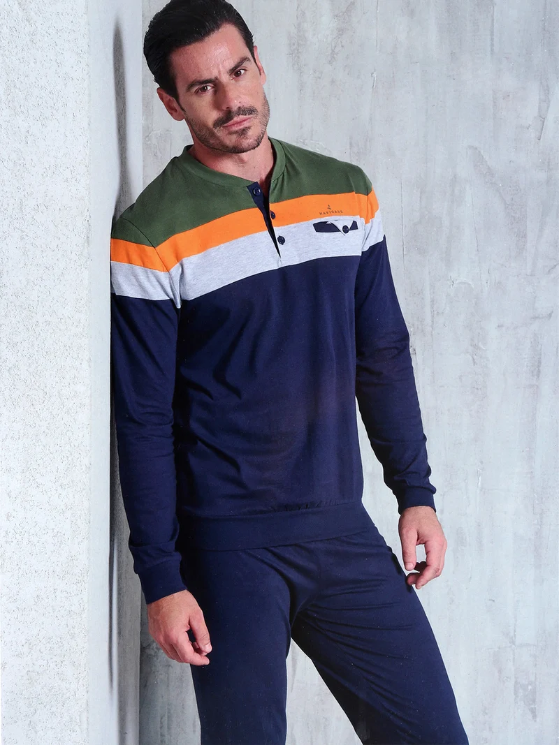 Pigiama lungo da uomo in cotone - blu scuro
