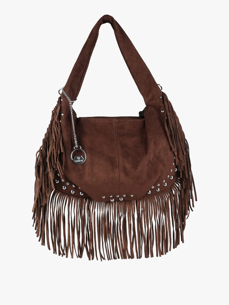 Borsa a spalla da donna con frange e borchie - moro