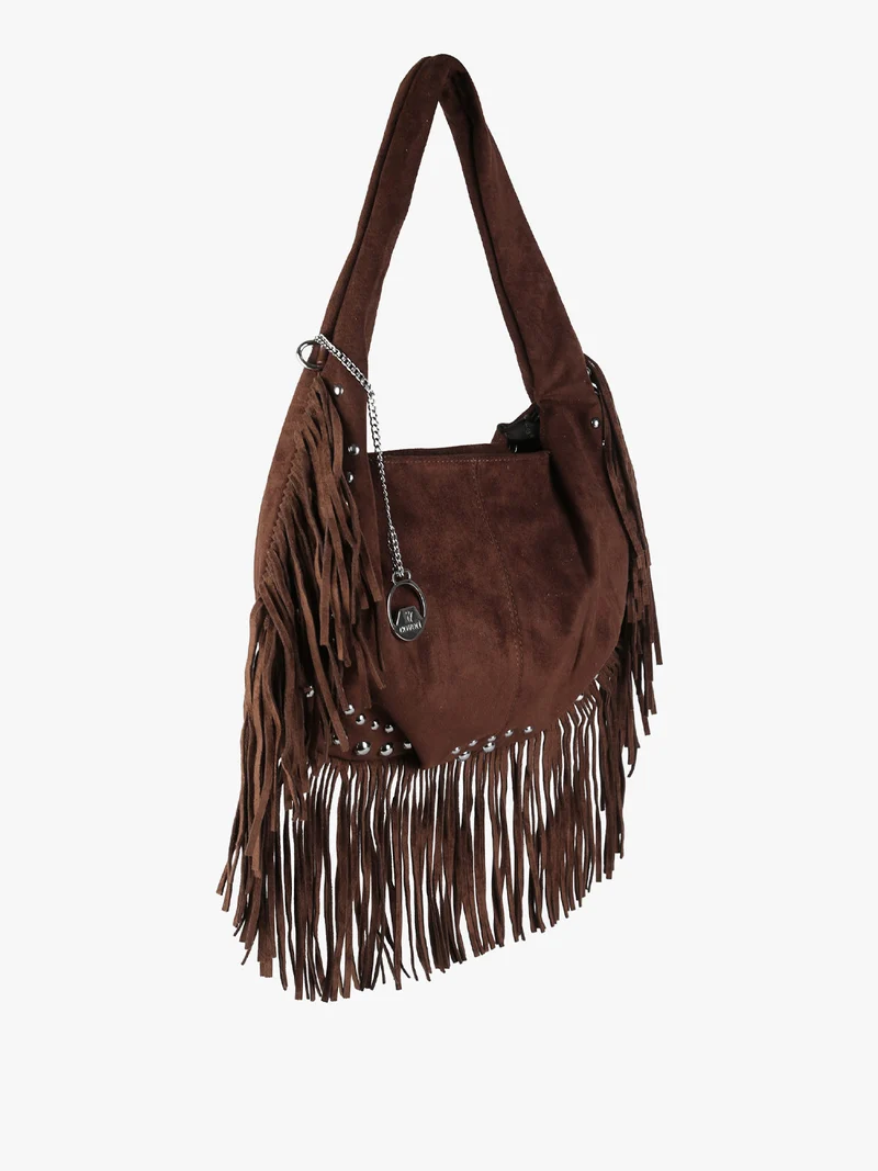 Borsa a spalla da donna con frange e borchie - moro