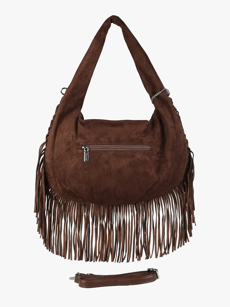 Borsa a spalla da donna con frange e borchie - moro