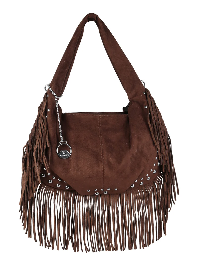 Borsa a spalla da donna con frange e borchie - moro