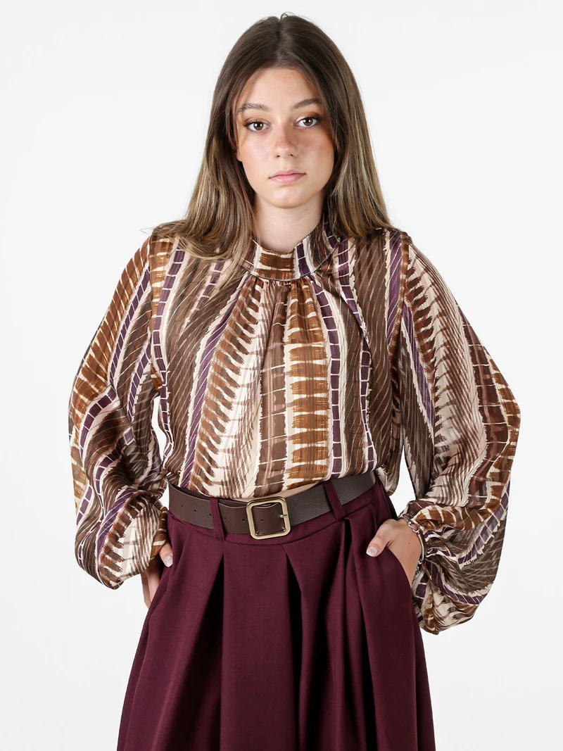 Blusa donna con stampe e maniche lunghe velate a palloncino - marrone