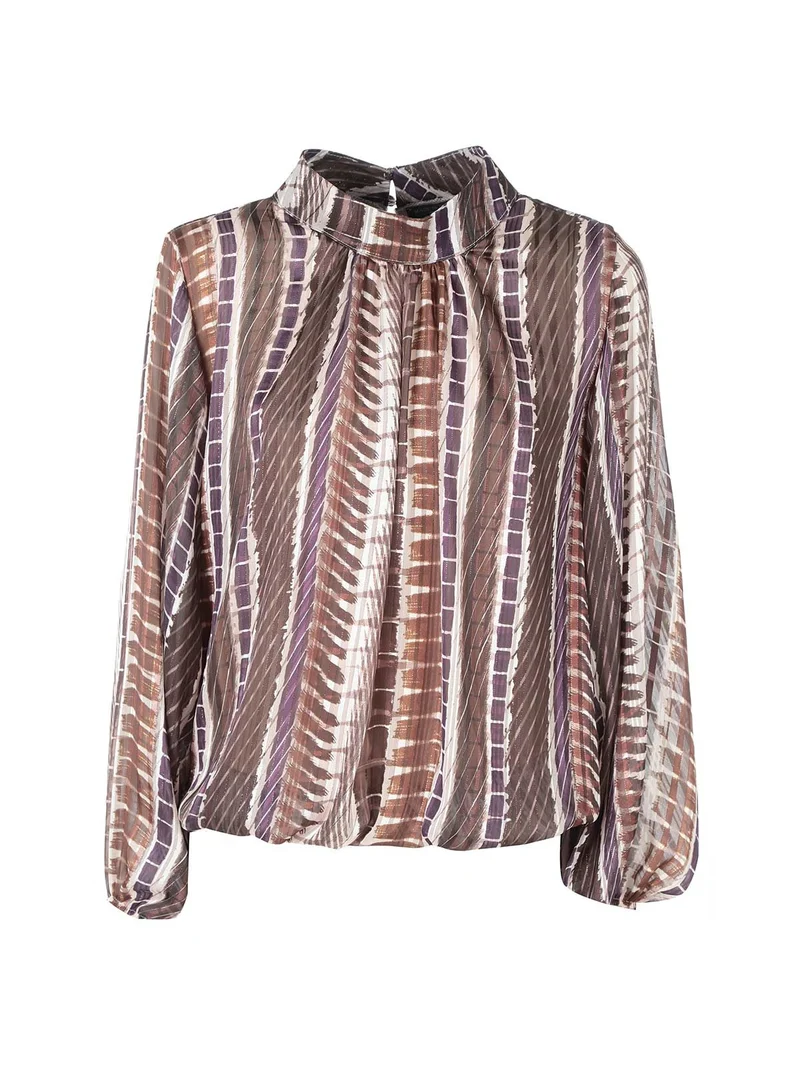 Blusa donna con stampe e maniche lunghe velate a palloncino - marrone