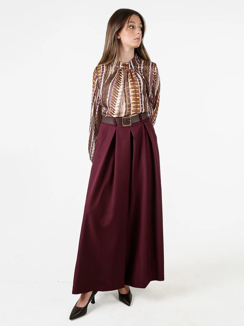 Blusa donna con stampe e maniche lunghe velate a palloncino - marrone