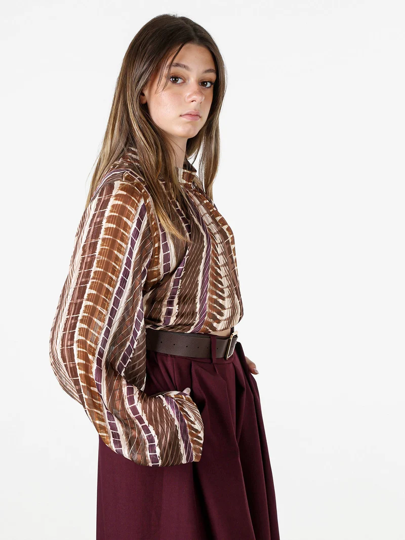 Blusa donna con stampe e maniche lunghe velate a palloncino - marrone