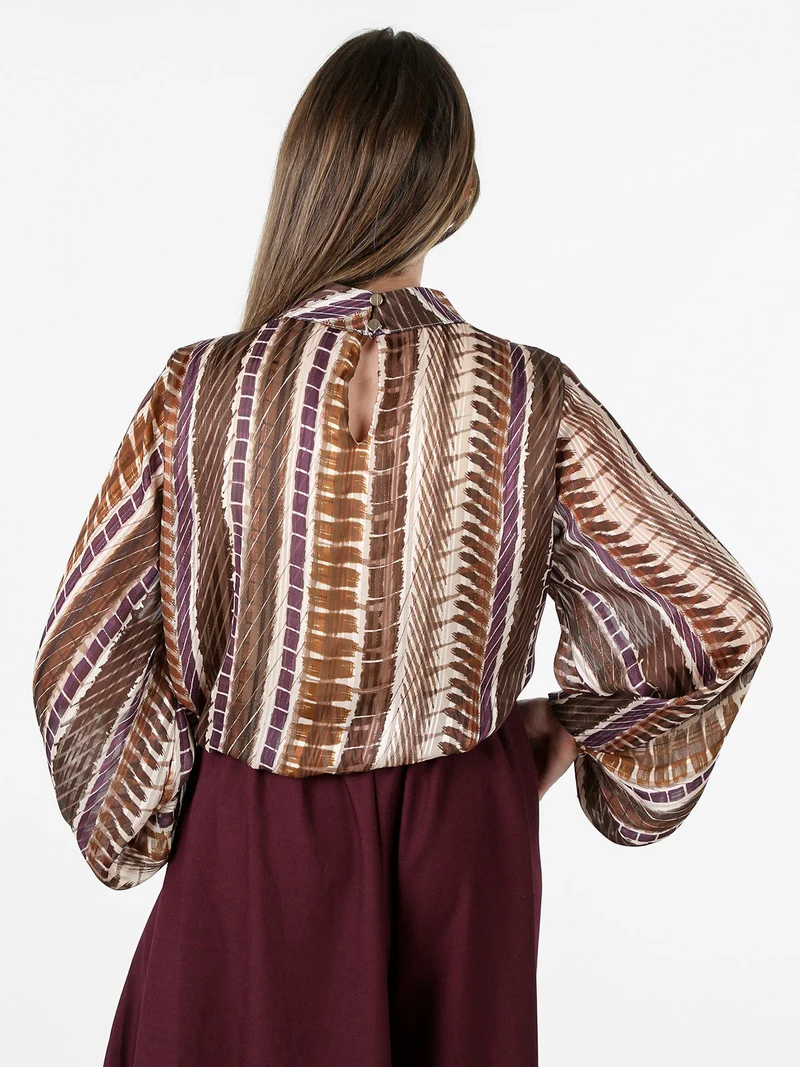 Blusa donna con stampe e maniche lunghe velate a palloncino - marrone