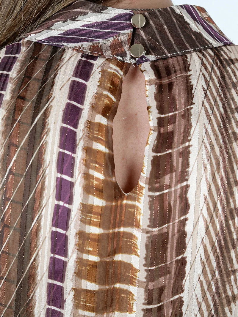 Blusa donna con stampe e maniche lunghe velate a palloncino - marrone